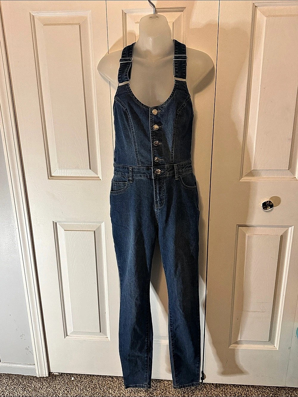 Venus Sz 4 Denim Skinny Cross-Back Jumpsuit Overalls b57